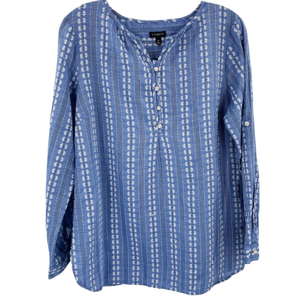 Talbots M Floral Embroidered Chambray Top Roll Tab Sleeves